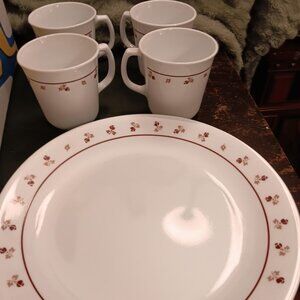 Set of 8 Corelle Burgundy Rose Dinner Plates- Cups  GOREGOUS ! LQQK!
